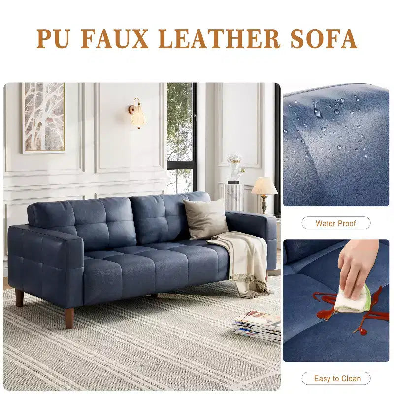83in Modern Faux Leather 3-Seater Sofa, Deep Seating Couch with Wide Arms, Back Cushions and 2 Pillows for Living Room and Office