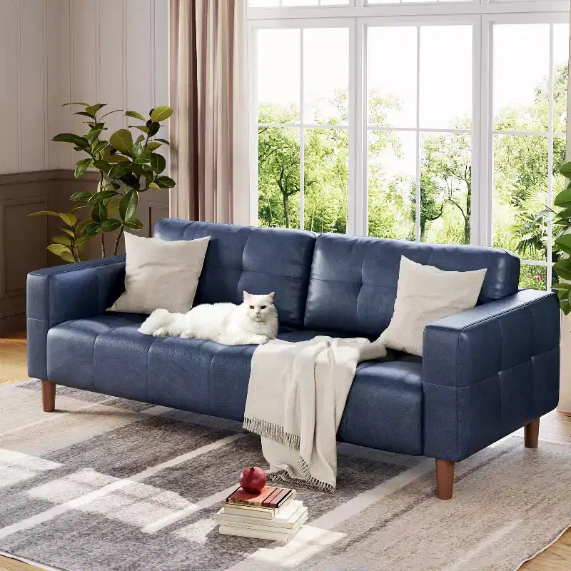 83in Modern Faux Leather 3-Seater Sofa, Deep Seating Couch with Wide Arms, Back Cushions and 2 Pillows for Living Room and Office