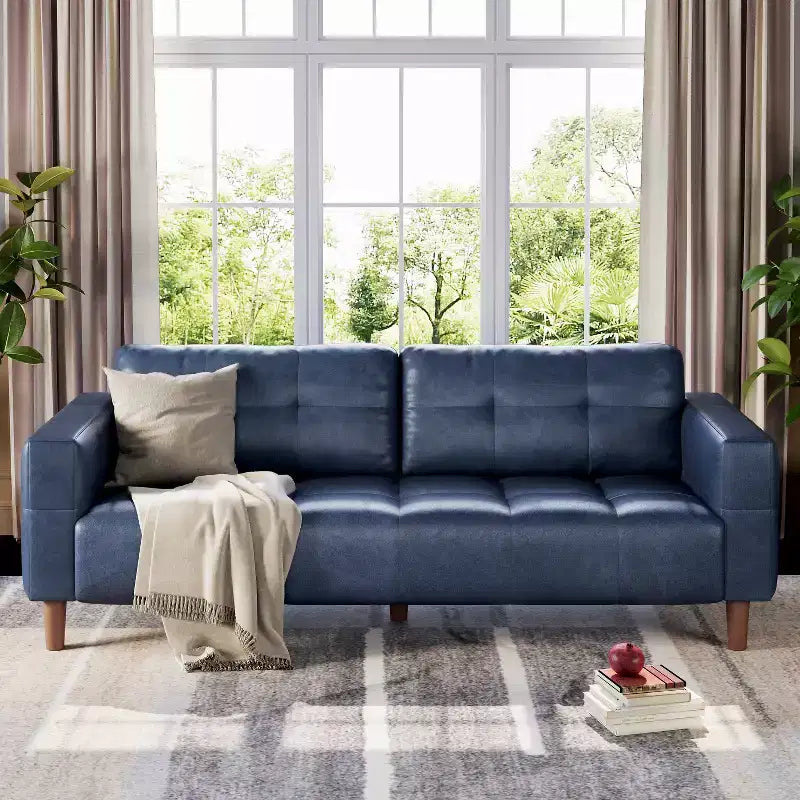 83in Modern Faux Leather 3-Seater Sofa, Deep Seating Couch with Wide Arms, Back Cushions and 2 Pillows for Living Room and Office