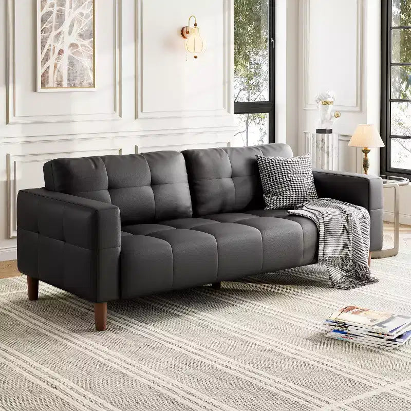 83in Modern Faux Leather 3-Seater Sofa, Deep Seating Couch with Wide Arms, Back Cushions and 2 Pillows for Living Room and Office
