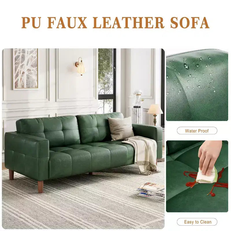 83in Modern Faux Leather 3-Seater Sofa, Deep Seating Couch with Wide Arms, Back Cushions and 2 Pillows for Living Room and Office