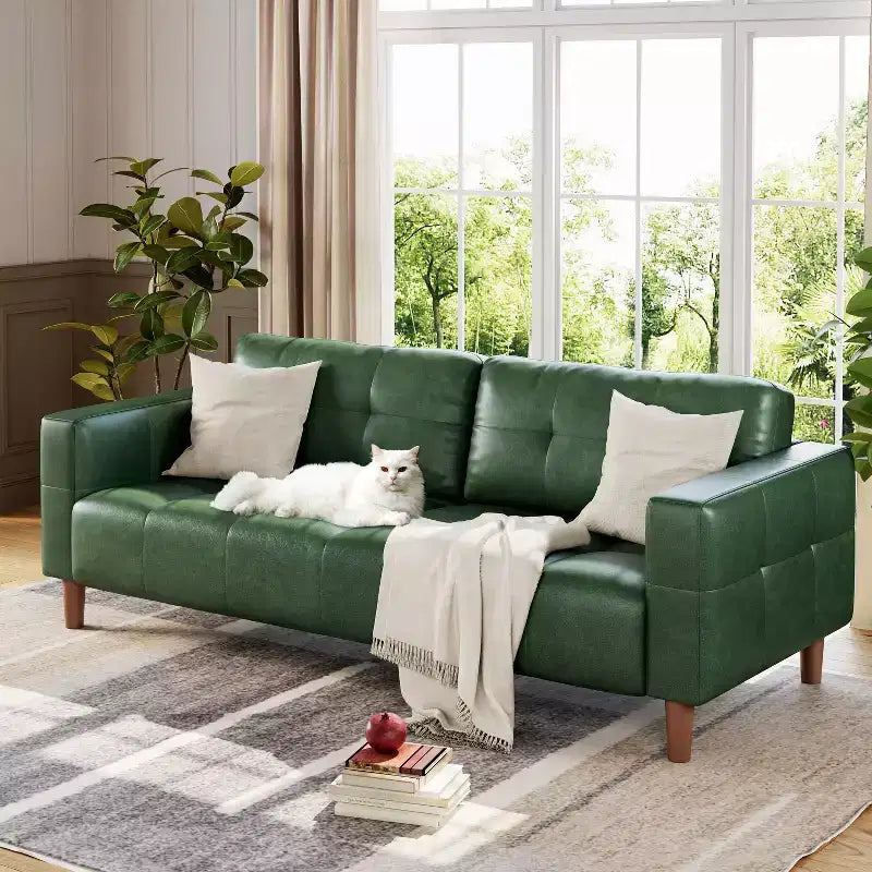 83in Modern Faux Leather 3-Seater Sofa, Deep Seating Couch with Wide Arms, Back Cushions and 2 Pillows for Living Room and Office