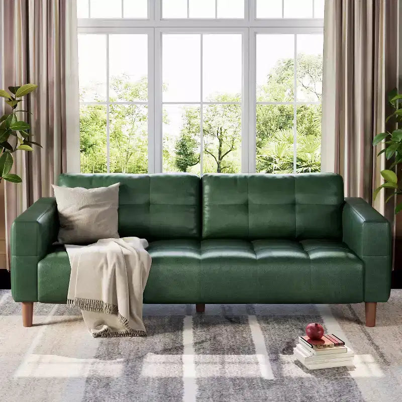83in Modern Faux Leather 3-Seater Sofa, Deep Seating Couch with Wide Arms, Back Cushions and 2 Pillows for Living Room and Office