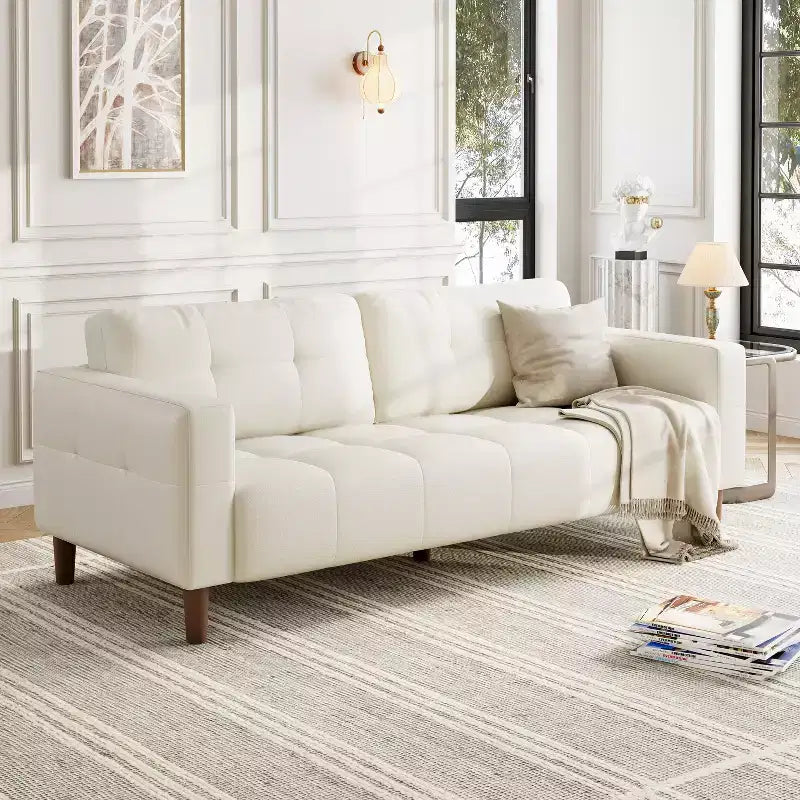 83in Modern Faux Leather 3-Seater Sofa, Deep Seating Couch with Wide Arms, Back Cushions and 2 Pillows for Living Room and Office