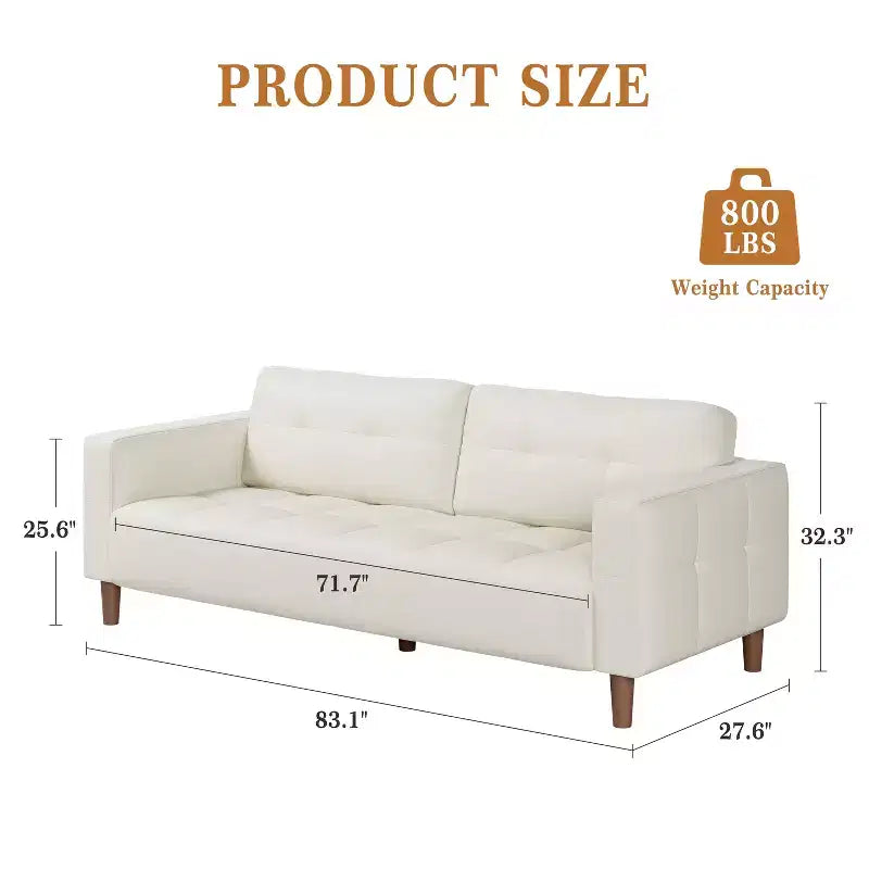 83in Modern Faux Leather 3-Seater Sofa, Deep Seating Couch with Wide Arms, Back Cushions and 2 Pillows for Living Room and Office