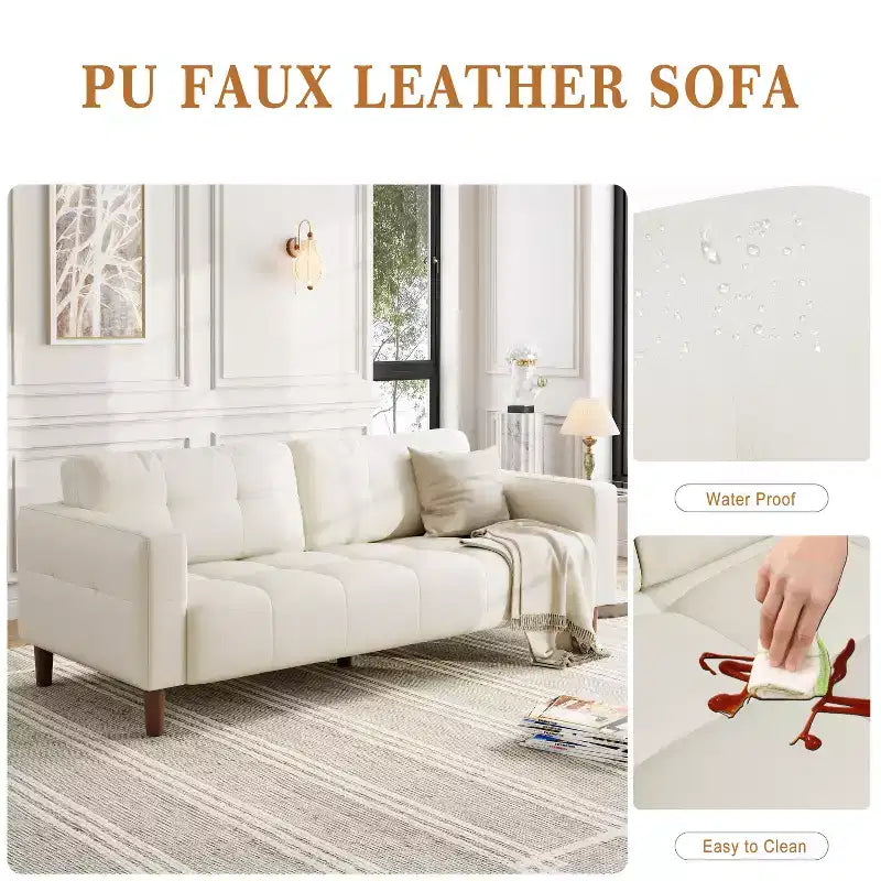 83in Modern Faux Leather 3-Seater Sofa, Deep Seating Couch with Wide Arms, Back Cushions and 2 Pillows for Living Room and Office