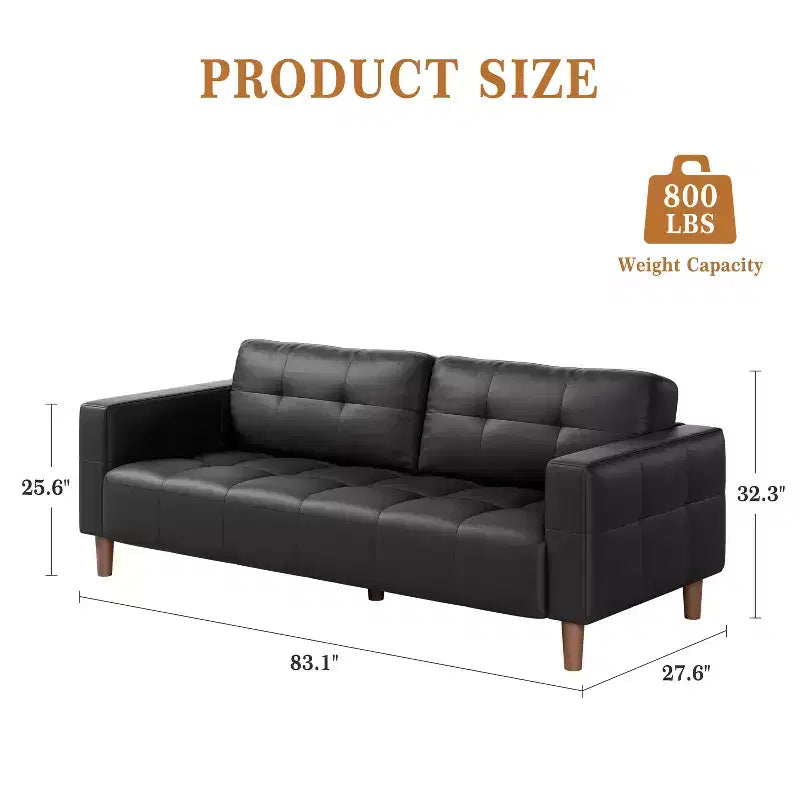 83in Modern Faux Leather 3-Seater Sofa, Deep Seating Couch with Wide Arms, Back Cushions and 2 Pillows for Living Room and Office