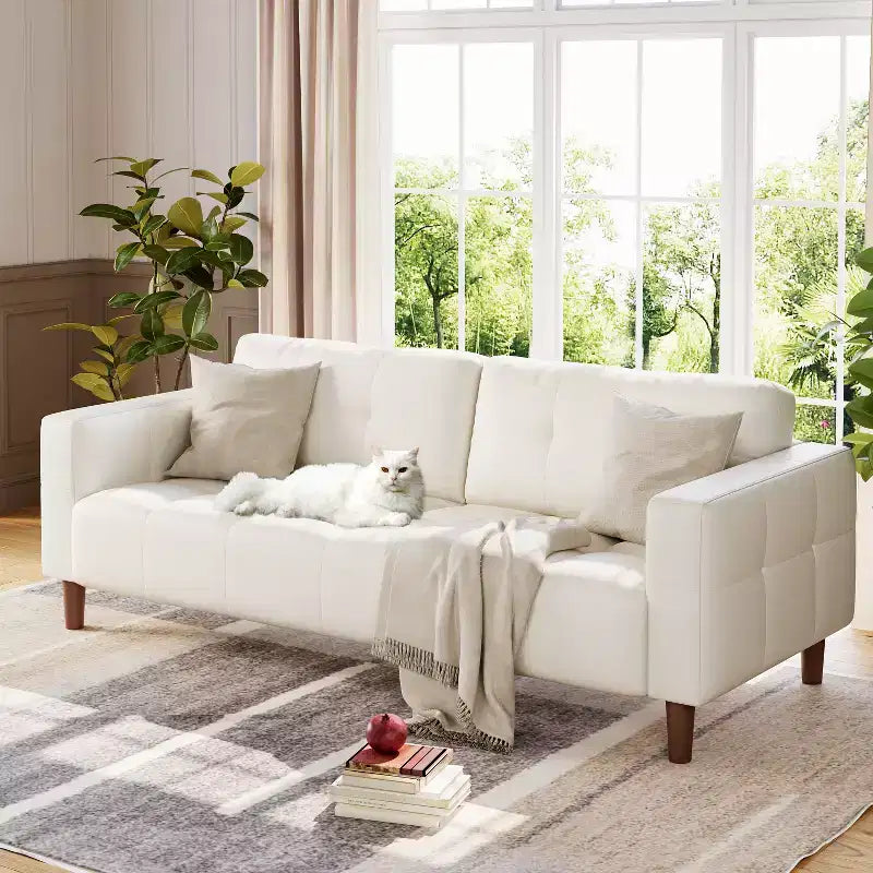 83in Modern Faux Leather 3-Seater Sofa, Deep Seating Couch with Wide Arms, Back Cushions and 2 Pillows for Living Room and Office