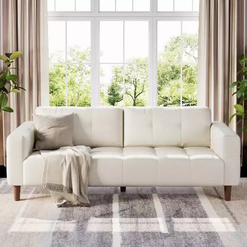 83in Modern Faux Leather 3-Seater Sofa, Deep Seating Couch with Wide Arms, Back Cushions and 2 Pillows for Living Room and Office