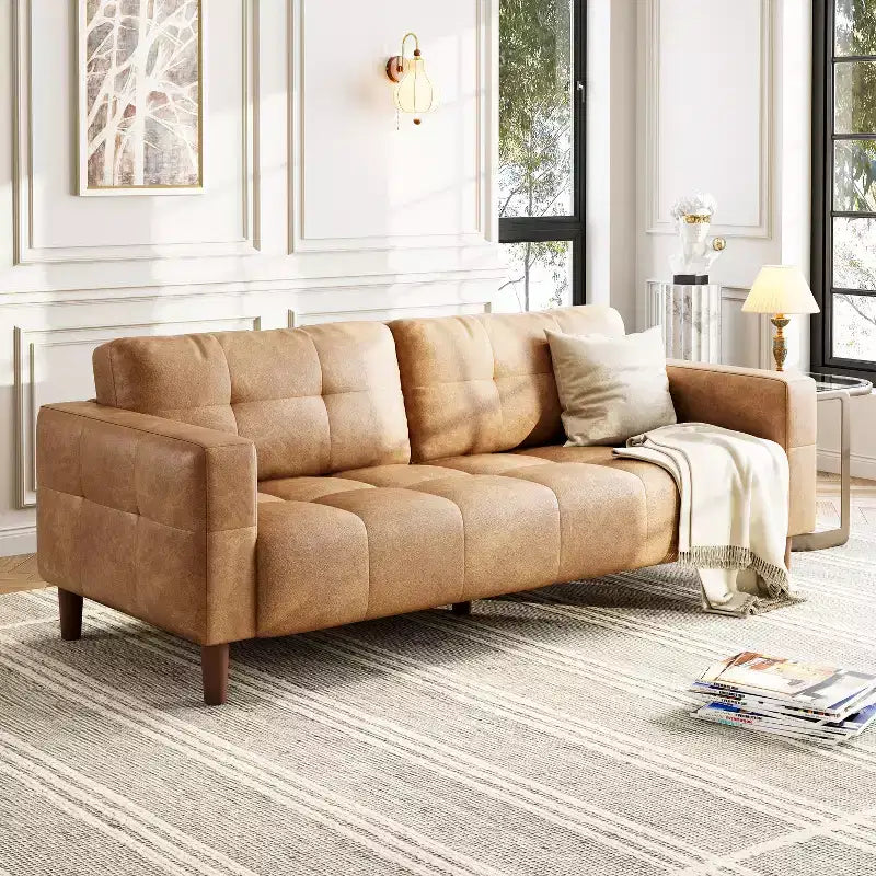 83in Modern Faux Leather 3-Seater Sofa, Deep Seating Couch with Wide Arms, Back Cushions and 2 Pillows for Living Room and Office