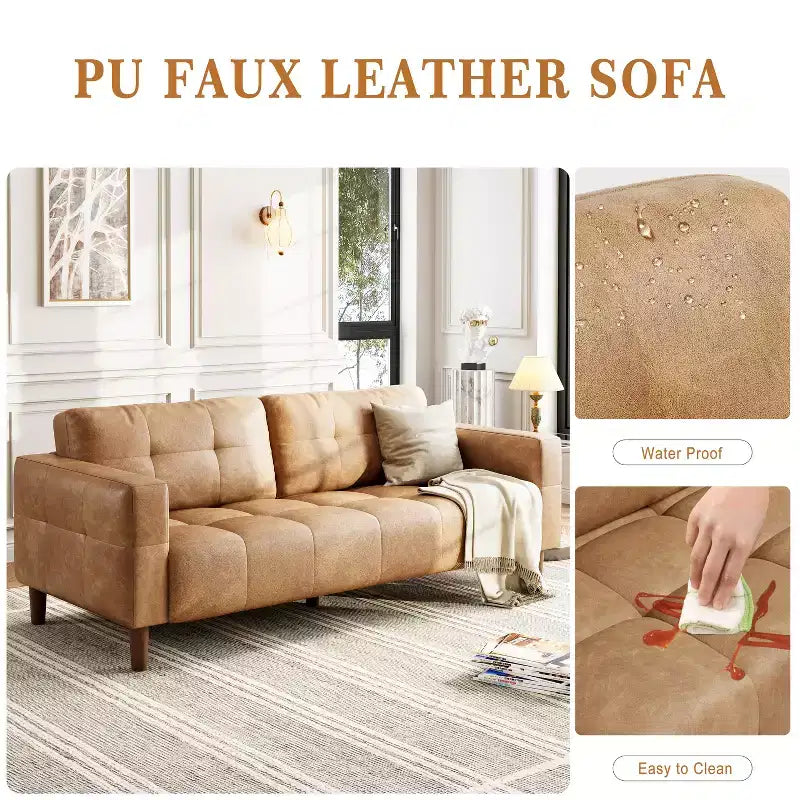 83in Modern Faux Leather 3-Seater Sofa, Deep Seating Couch with Wide Arms, Back Cushions and 2 Pillows for Living Room and Office
