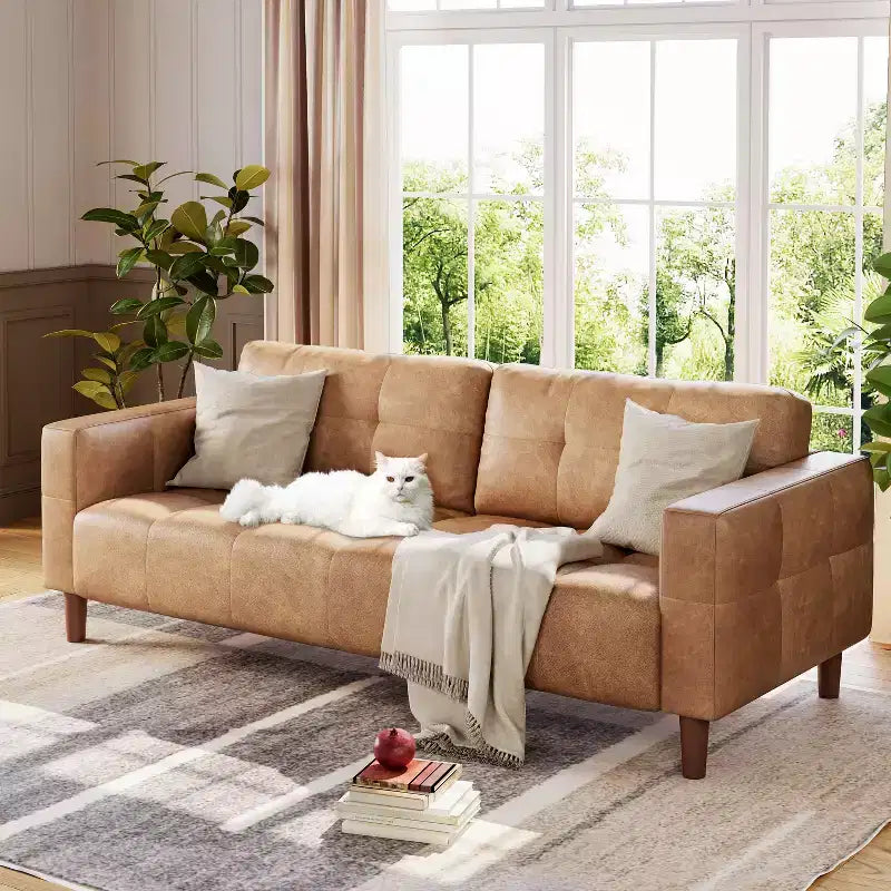 83in Modern Faux Leather 3-Seater Sofa, Deep Seating Couch with Wide Arms, Back Cushions and 2 Pillows for Living Room and Office