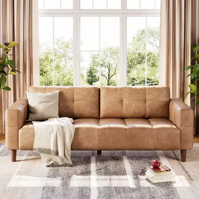 83in Modern Faux Leather 3-Seater Sofa, Deep Seating Couch with Wide Arms, Back Cushions and 2 Pillows for Living Room and Office