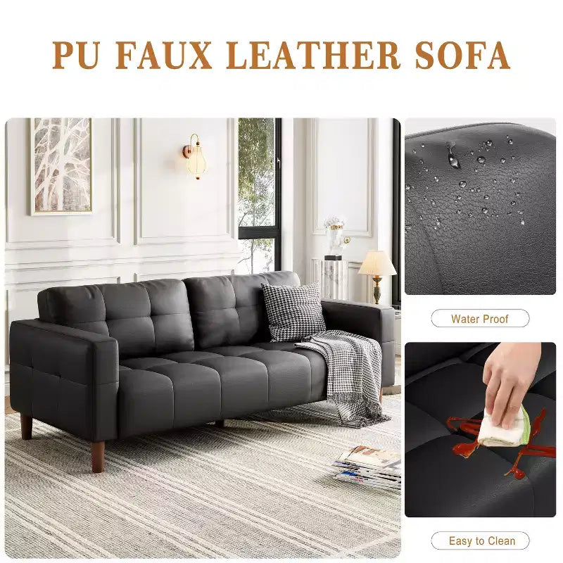83in Modern Faux Leather 3-Seater Sofa, Deep Seating Couch with Wide Arms, Back Cushions and 2 Pillows for Living Room and Office