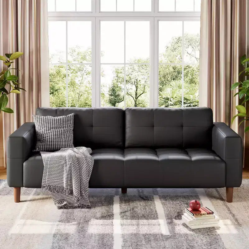 83in Modern Faux Leather 3-Seater Sofa, Deep Seating Couch with Wide Arms, Back Cushions and 2 Pillows for Living Room and Office