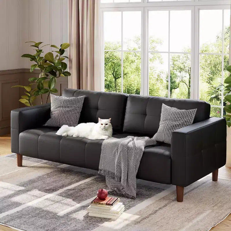 83in Modern Faux Leather 3-Seater Sofa, Deep Seating Couch with Wide Arms, Back Cushions and 2 Pillows for Living Room and Office