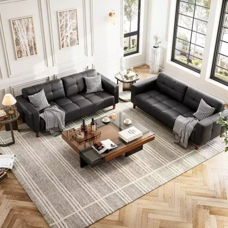 83in Modern Faux Leather 3-Seater Sofa, Deep Seating Couch with Wide Arms, Back Cushions and 2 Pillows for Living Room and Office
