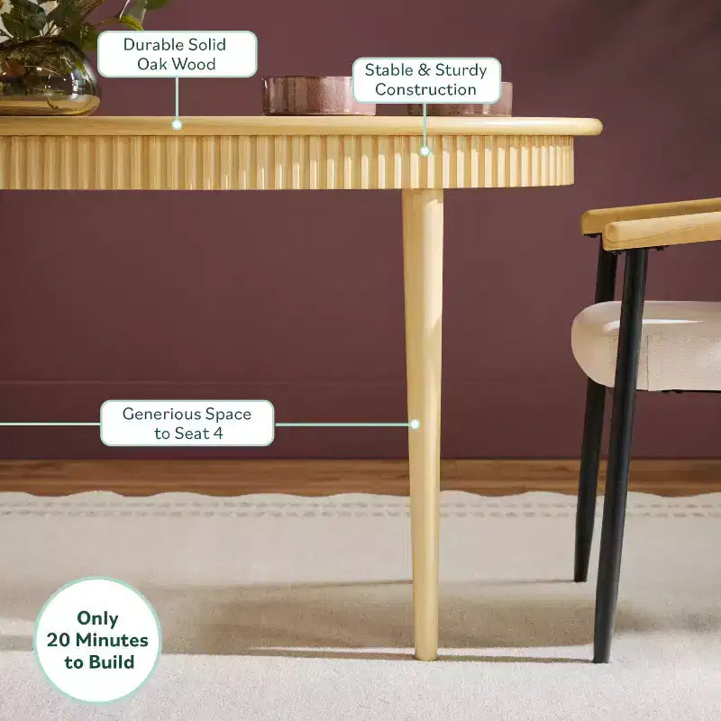 52 Modern Fluted Easy Assembly Oval Solid Oak Wood Dining Table for 4