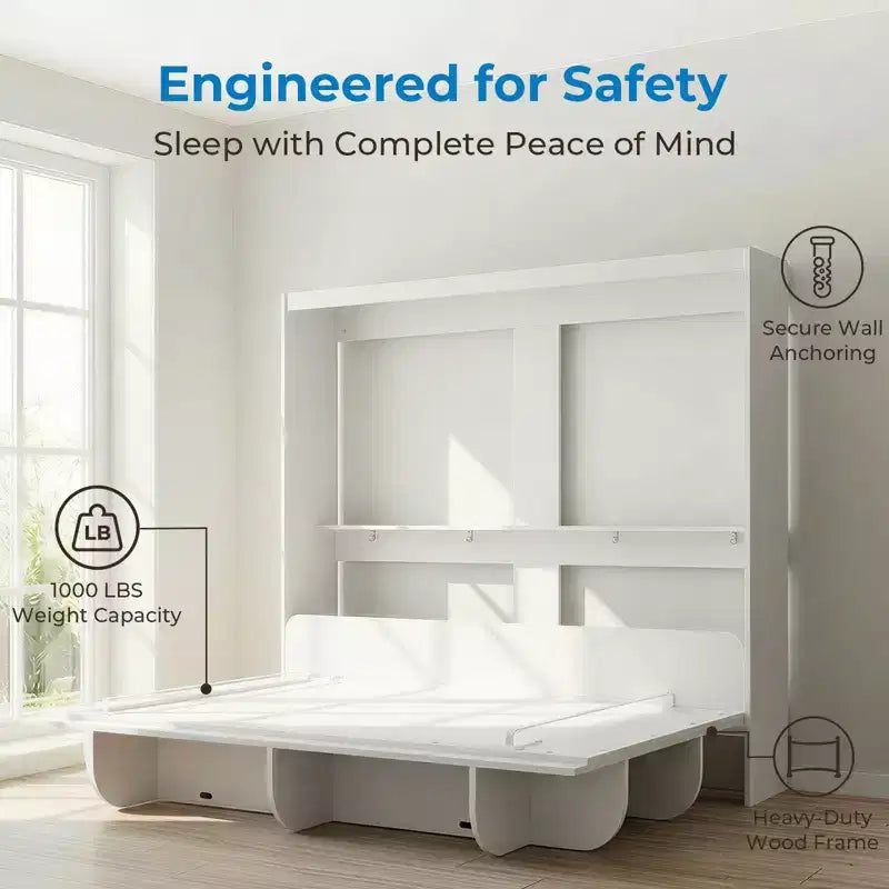 Mjkone 2-in-1 Invisible Murphy Bed with Shelf Storage, Queen Size, Natural Wood (Mattress Not Included)