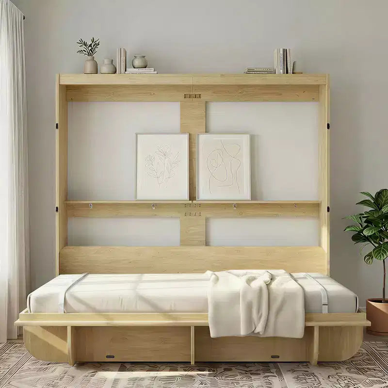 Mjkone 2-in-1 Invisible Murphy Bed with Shelf Storage, Queen Size, Natural Wood (Mattress Not Included)