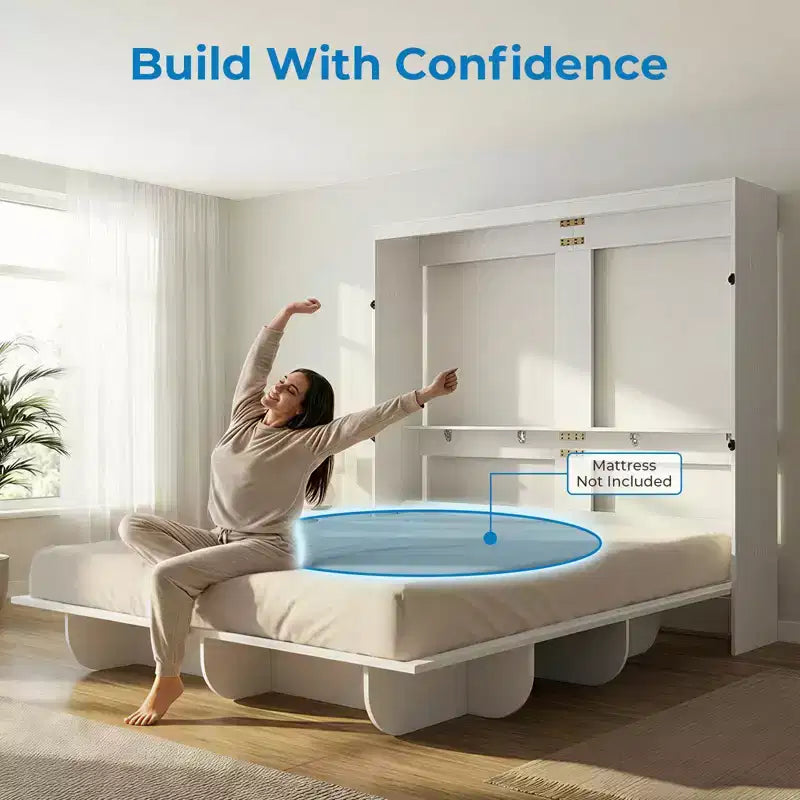 Mjkone 2-in-1 Invisible Murphy Bed with Shelf Storage, Queen Size, Natural Wood (Mattress Not Included)