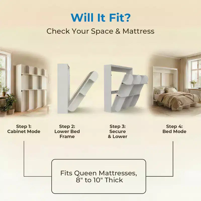 Mjkone 2-in-1 Invisible Murphy Bed with Shelf Storage, Queen Size, Natural Wood (Mattress Not Included)