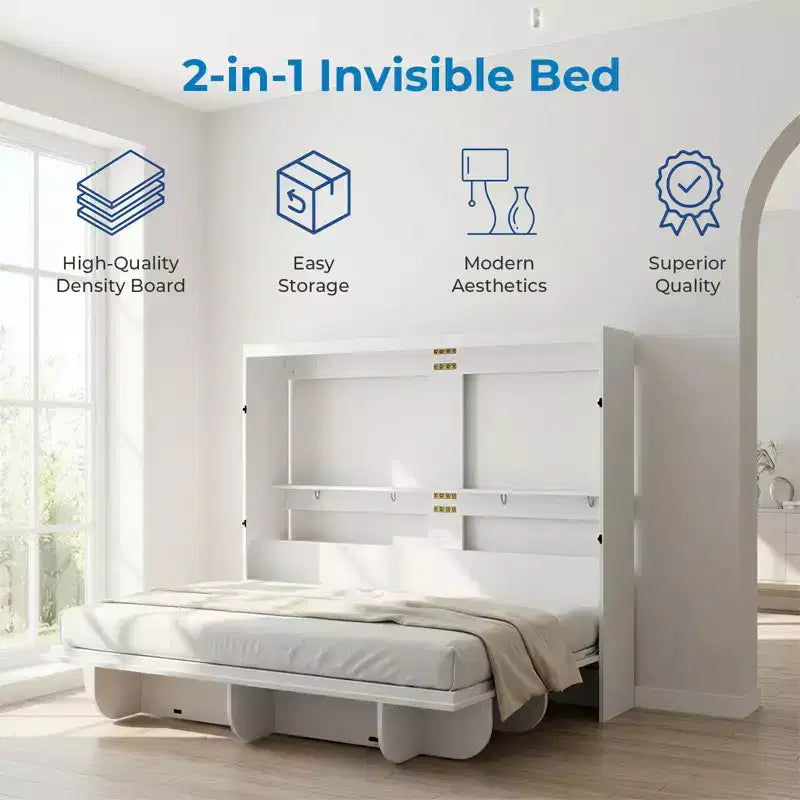 Mjkone 2-in-1 Invisible Murphy Bed with Shelf Storage, Queen Size, Natural Wood (Mattress Not Included)