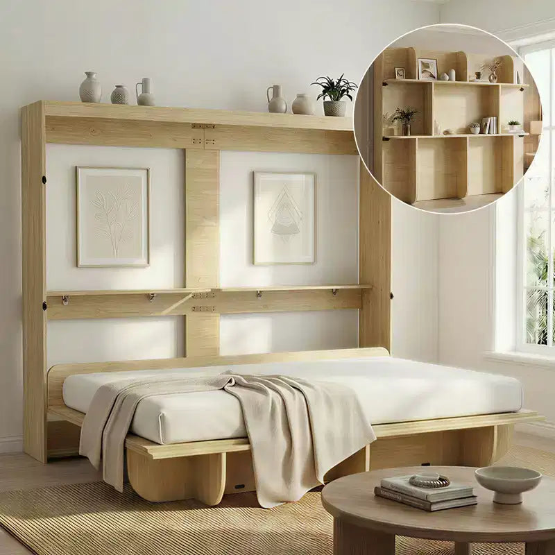 Mjkone 2-in-1 Invisible Murphy Bed with Shelf Storage, Queen Size, Natural Wood (Mattress Not Included)