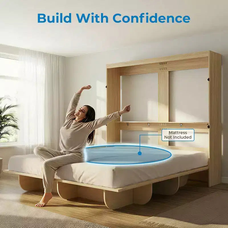 Mjkone 2-in-1 Invisible Murphy Bed with Shelf Storage, Queen Size, Natural Wood (Mattress Not Included)