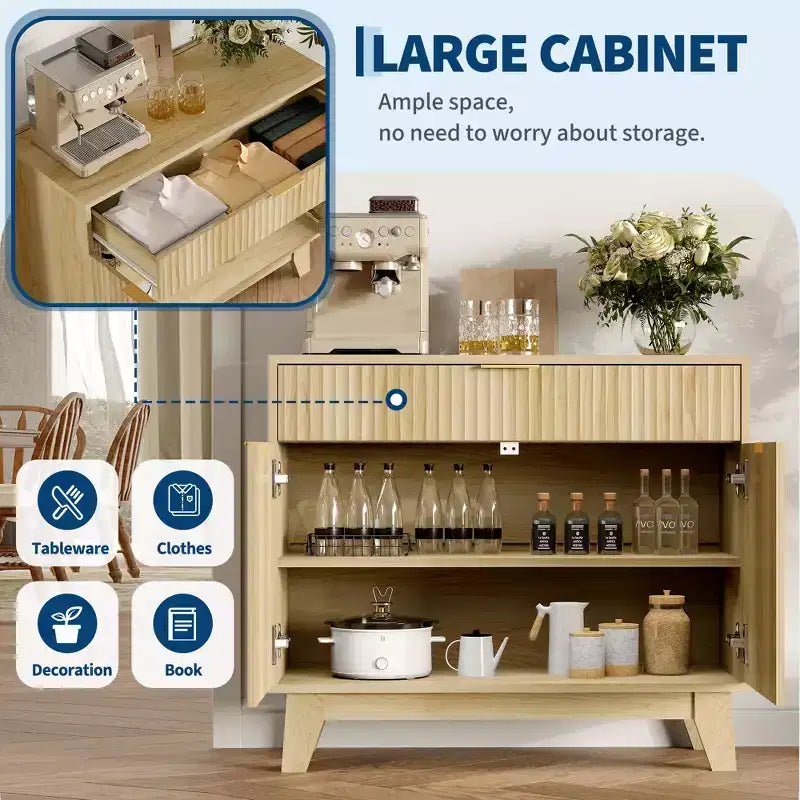 Natural Oak Fluted Sideboard Buffet Cabinet with Storage - Modern Accent Cabinet with Adjustable Shelf & Drawer for Kitchen, Entryway & Living Room