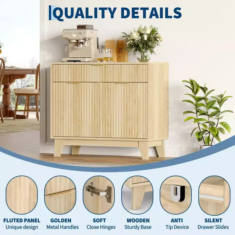 Natural Oak Fluted Sideboard Buffet Cabinet with Storage - Modern Accent Cabinet with Adjustable Shelf & Drawer for Kitchen, Entryway & Living Room