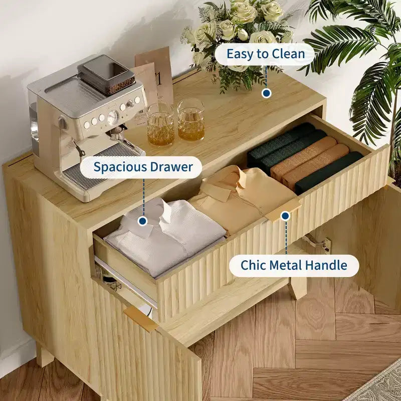 Natural Oak Fluted Sideboard Buffet Cabinet with Storage - Modern Accent Cabinet with Adjustable Shelf & Drawer for Kitchen, Entryway & Living Room