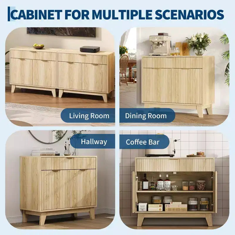 Natural Oak Fluted Sideboard Buffet Cabinet with Storage - Modern Accent Cabinet with Adjustable Shelf & Drawer for Kitchen, Entryway & Living Room