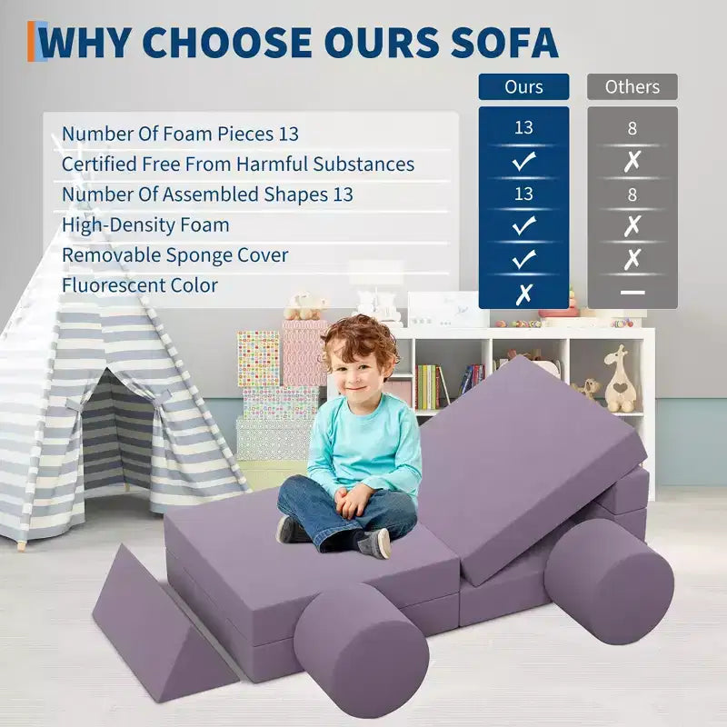 Modular Kids Play Couch, 13Pcs Kids Explorer Couch, Convertible Foam Play Couch for Bedroom and Playroom Furniture, 2 Seat Gray Couch for Kids