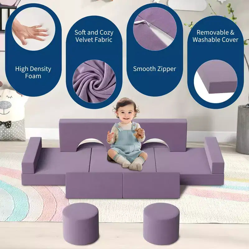 Modular Kids Play Couch, 13Pcs Kids Explorer Couch, Convertible Foam Play Couch for Bedroom and Playroom Furniture, 2 Seat Gray Couch for Kids