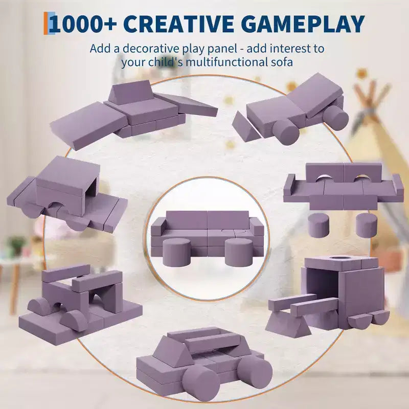 Modular Kids Play Couch, 13Pcs Kids Explorer Couch, Convertible Foam Play Couch for Bedroom and Playroom Furniture, 2 Seat Gray Couch for Kids