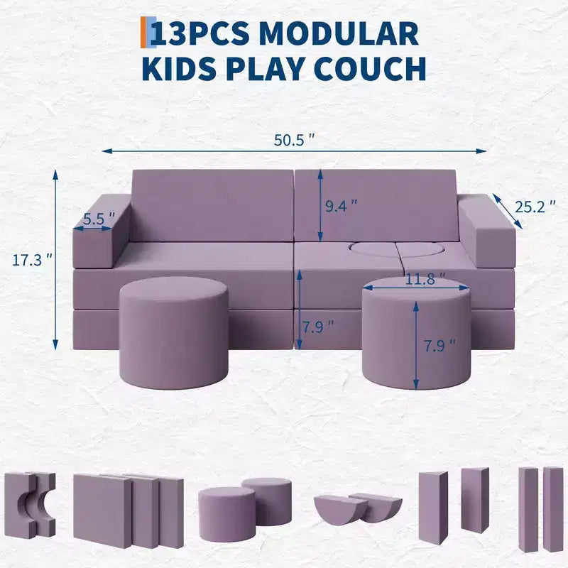 Modular Kids Play Couch, 13Pcs Kids Explorer Couch, Convertible Foam Play Couch for Bedroom and Playroom Furniture, 2 Seat Gray Couch for Kids