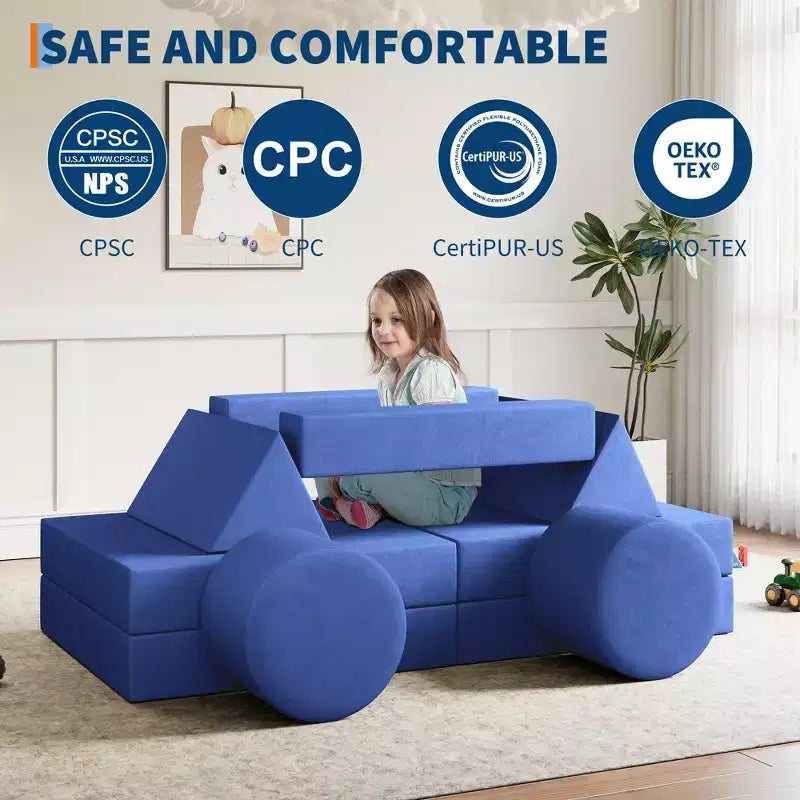 Modular Kids Play Couch, 13Pcs Kids Explorer Couch, Convertible Foam Play Couch for Bedroom and Playroom Furniture, 2 Seat Gray Couch for Kids