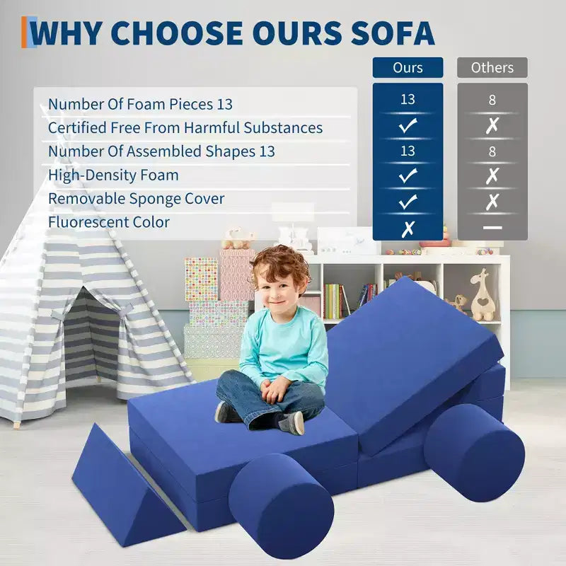 Modular Kids Play Couch, 13Pcs Kids Explorer Couch, Convertible Foam Play Couch for Bedroom and Playroom Furniture, 2 Seat Gray Couch for Kids
