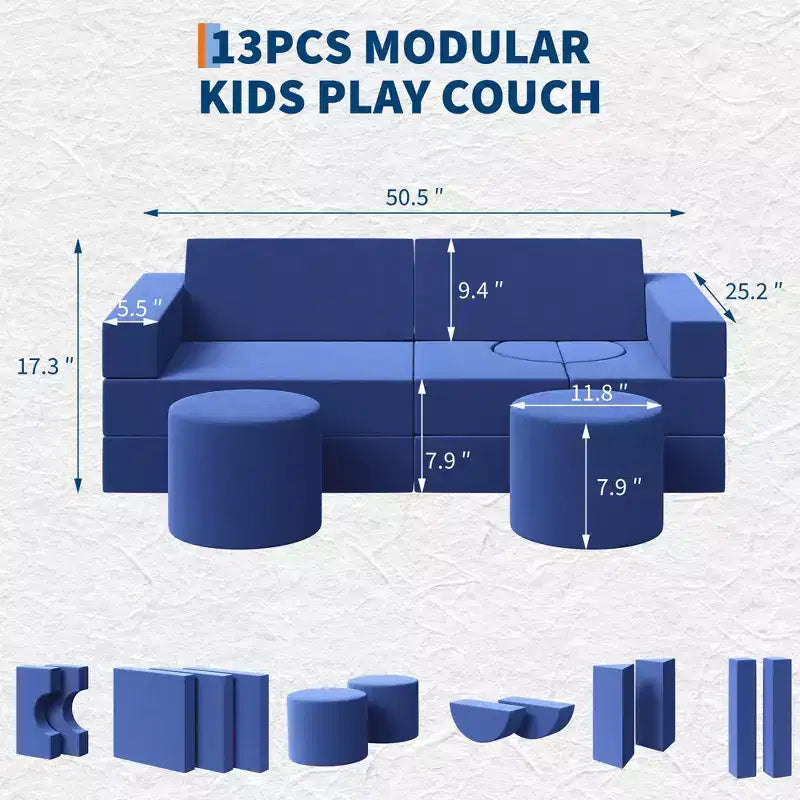 Modular Kids Play Couch, 13Pcs Kids Explorer Couch, Convertible Foam Play Couch for Bedroom and Playroom Furniture, 2 Seat Gray Couch for Kids
