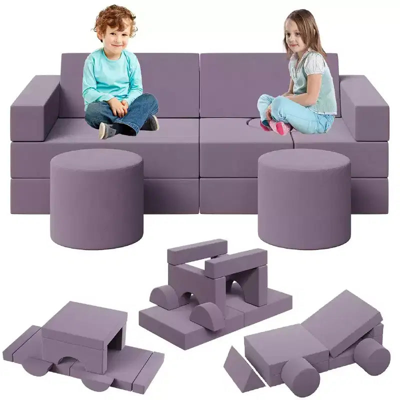 Modular Kids Play Couch, 13Pcs Kids Explorer Couch, Convertible Foam Play Couch for Bedroom and Playroom Furniture, 2 Seat Gray Couch for Kids