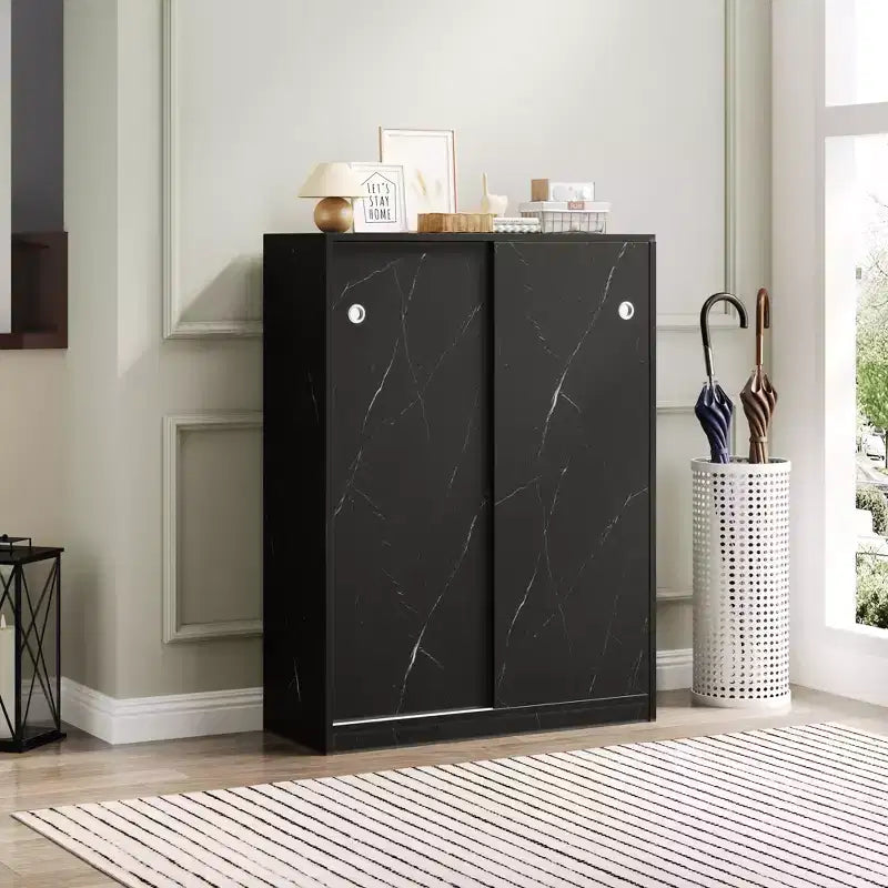 Marble Black Shoe Cabinet With Sliding Door With 6 Tiers Can Hold At Least 30 Pairs Shoes