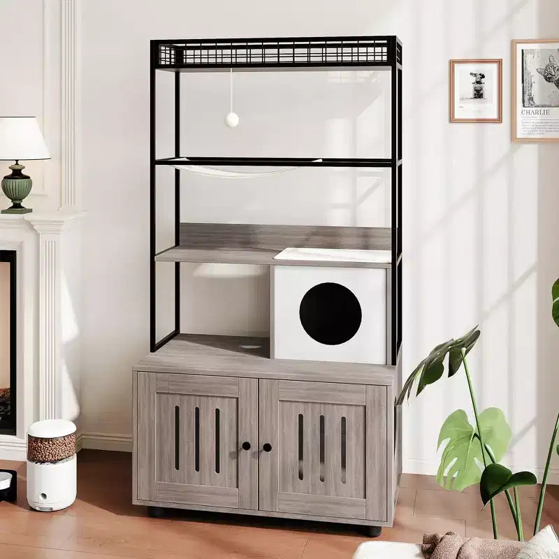 Meuble de litière pour chat multifonctionnel avec étagère de rangement, meuble pour chat dissimulé, maison pour chat d'intérieur moderne, pour le salon, la maison