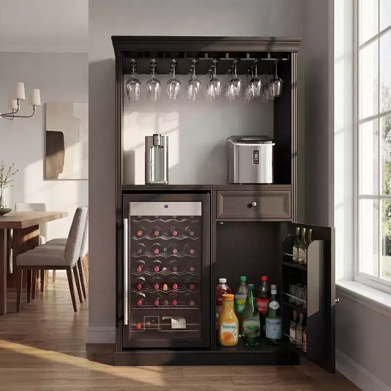 Famapy Kitchen Bar Cabinet,Compact Wine Fridge with Tempered Glass Door,Built-in LED,Temperature Control,Ideal for Kitchen Counter & Home Bar