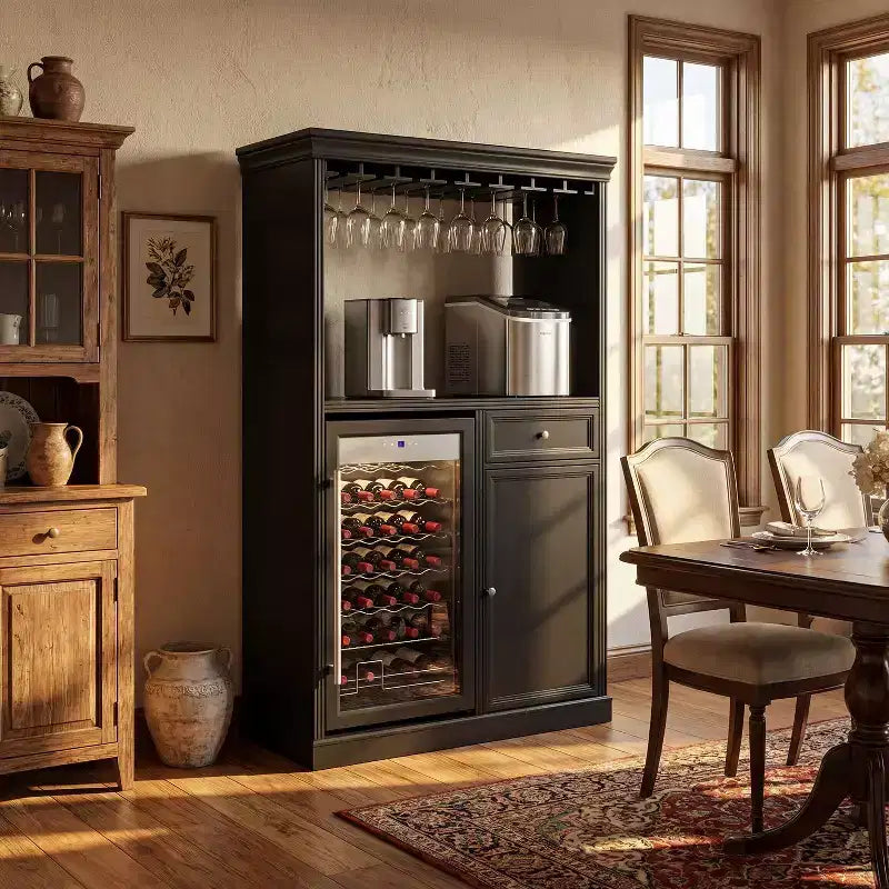 Famapy Kitchen Bar Cabinet,Compact Wine Fridge with Tempered Glass Door,Built-in LED,Temperature Control,Ideal for Kitchen Counter & Home Bar