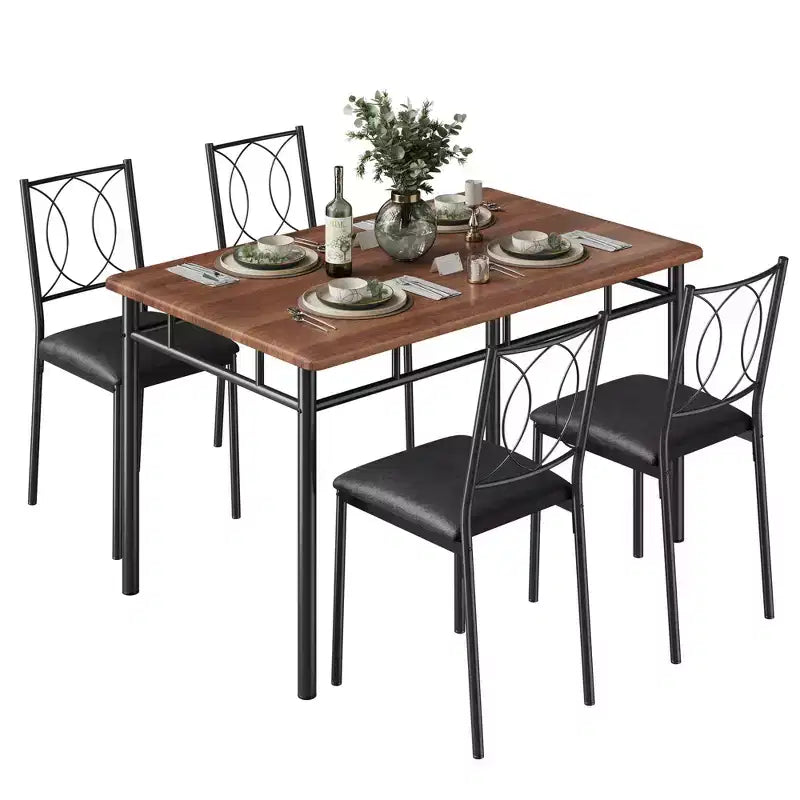 Space Saving Farmhouse Dining Table Set For 4,Sturdy Wood Table,Upholstered Chairs,Perfect For Apartments And Small Kitchens,Elegant Walnut Color