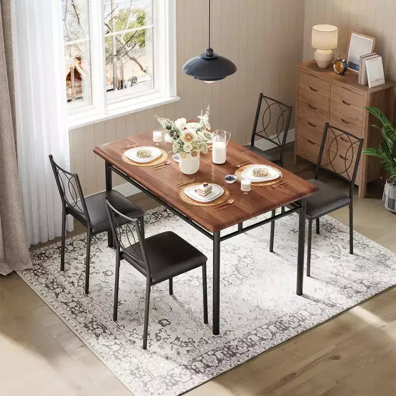 Space Saving Farmhouse Dining Table Set For 4,Sturdy Wood Table,Upholstered Chairs,Perfect For Apartments And Small Kitchens,Elegant Walnut Color