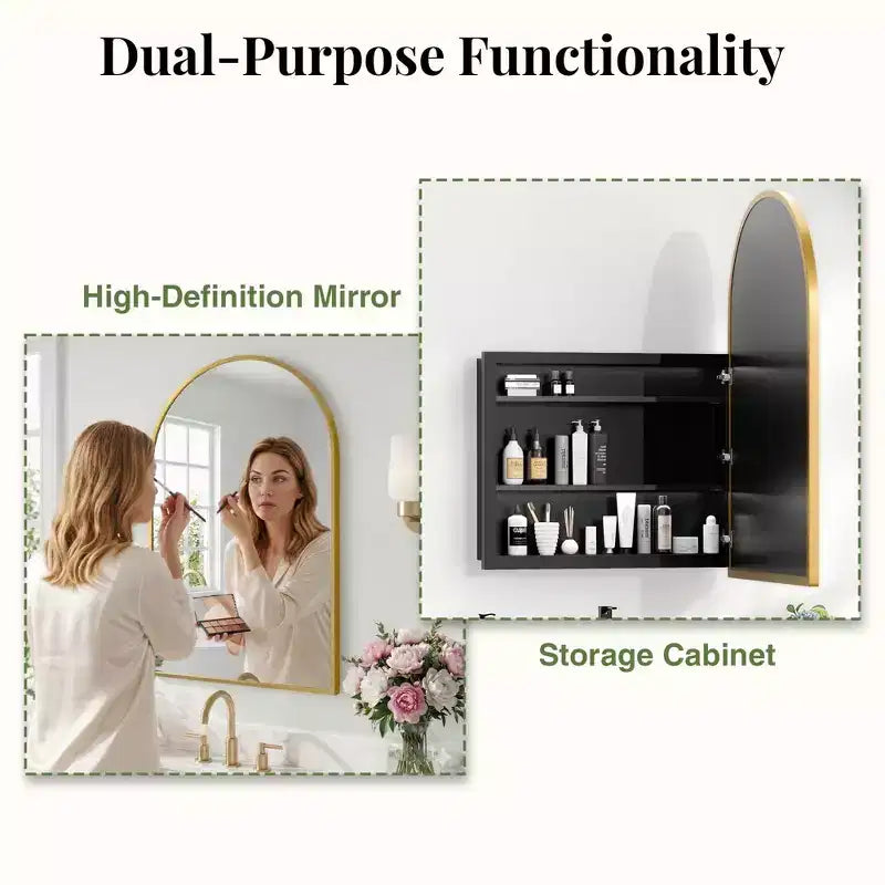 PexFix 2Pcs Arched Medicine Cabinet with Mirror Metal Framed Bathroom Mirror Cabinet with Storage Recessed & Surface Mount Wall Mounted Vanity Cabinet