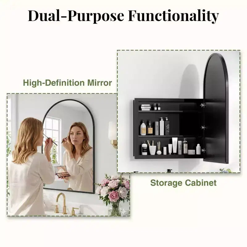PexFix 2Pcs Arched Medicine Cabinet with Mirror Metal Framed Bathroom Mirror Cabinet with Storage Recessed & Surface Mount Wall Mounted Vanity Cabinet