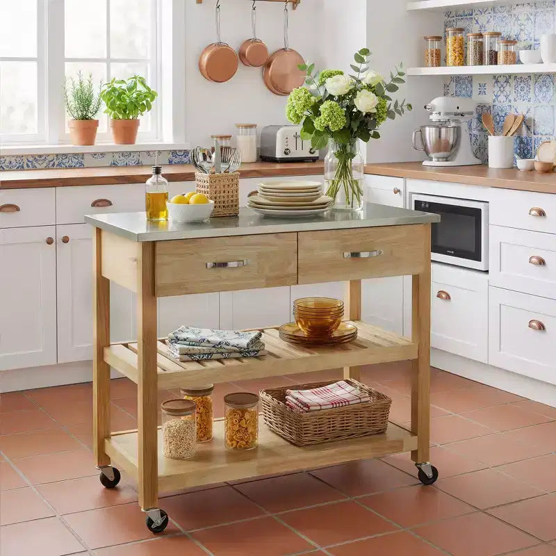 42 Rolling Kitchen Cart with Stainless Steel Top Solid Wood Kitchen Island Trolley with 2 Drawers 3-Tier Storage Lockable Wheels Mobile Prep Table